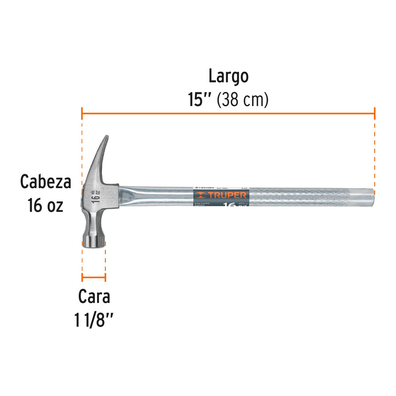 Martillo Pulido Uña Recta Mango Tubular 16 Onzas Truper