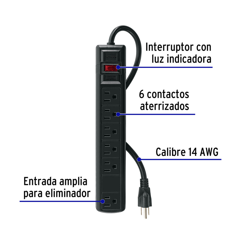 Multicontacto Barra 6 Entradas 14 AWG Supresor de Picos 450 Joules Volteck Negro