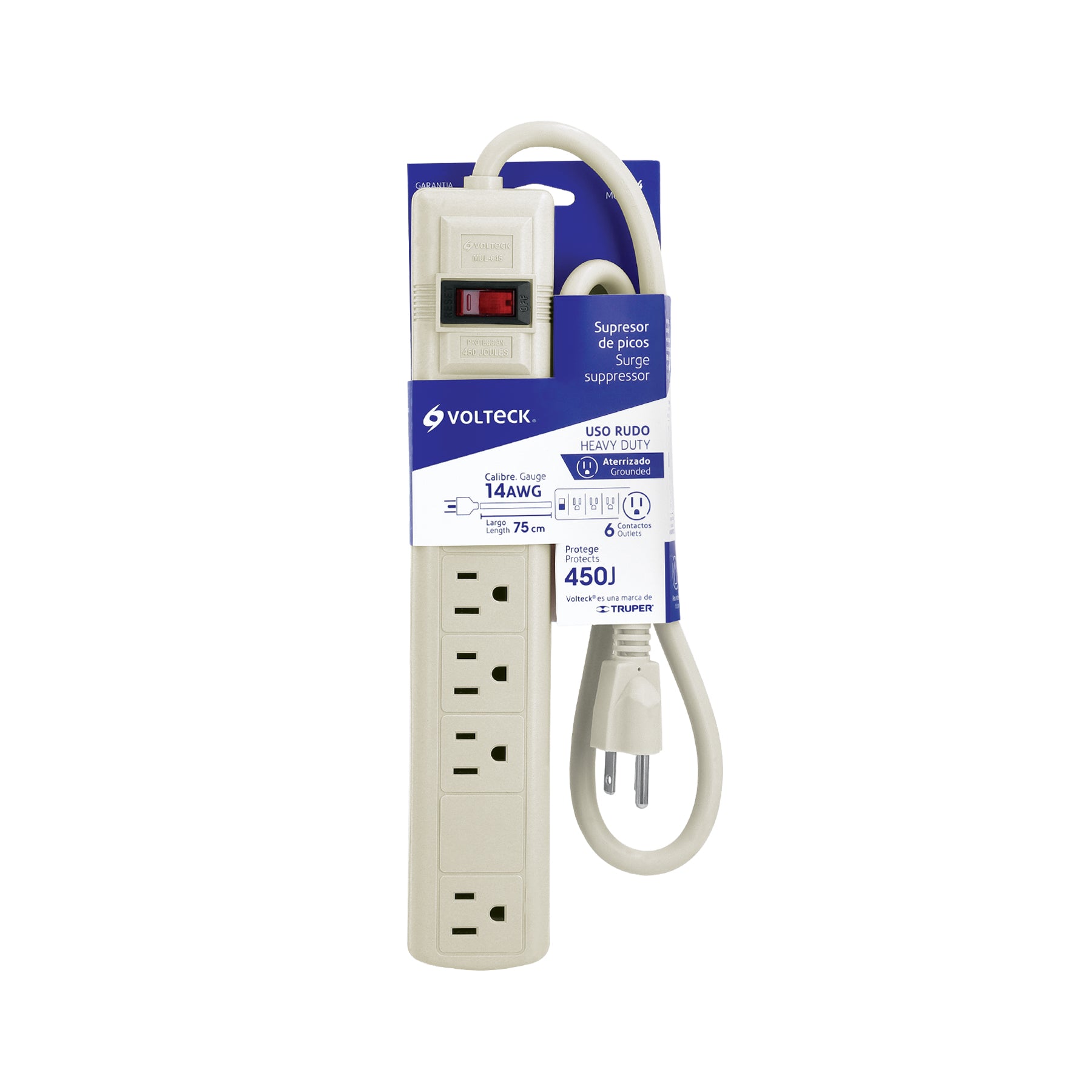 Multicontacto Barra 6 Entradas 14 AWG Supresor de Picos 450 Joules Volteck Blanco