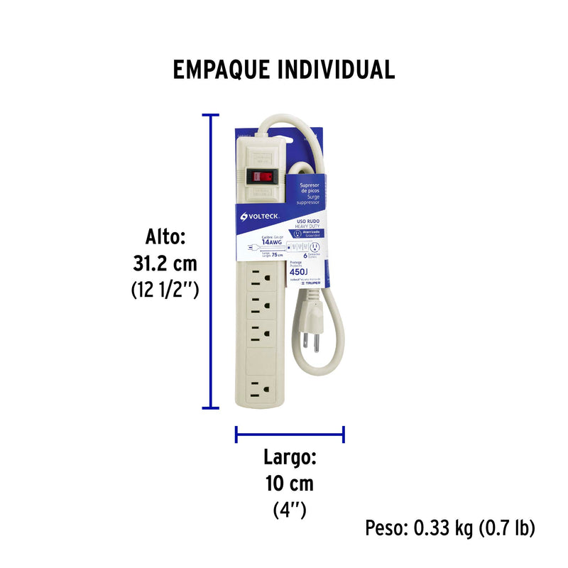 Multicontacto Barra 6 Entradas 14 AWG Supresor de Picos 450 Joules Volteck Blanco