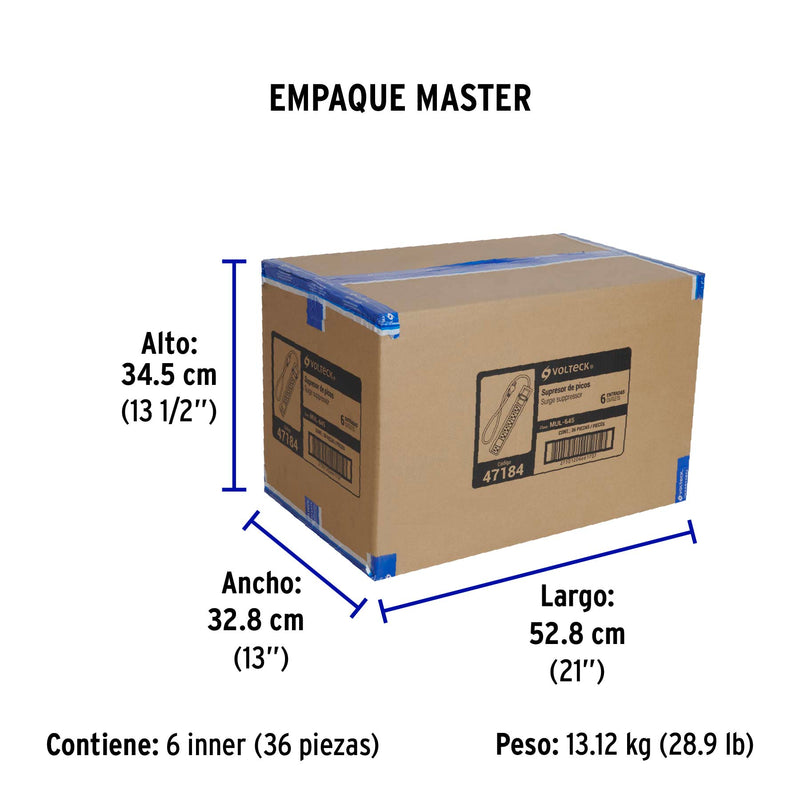 Multicontacto Barra 6 Entradas 14 AWG Supresor de Picos 450 Joules Volteck Blanco