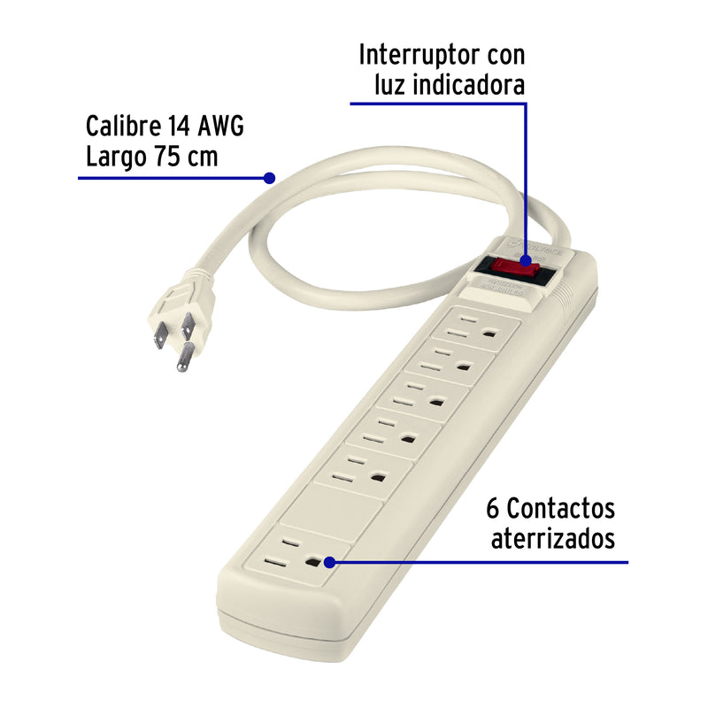 Multicontacto Barra 6 Entradas 14 AWG Supresor de Picos 450 Joules Volteck Blanco