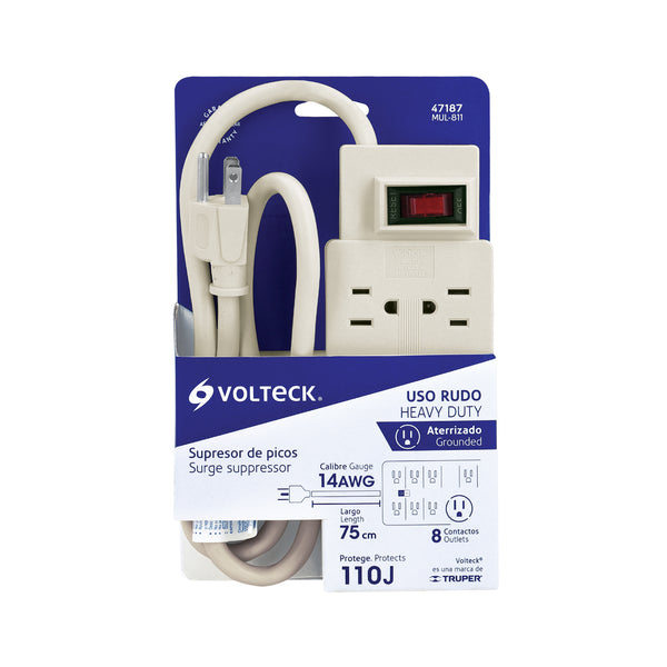 Multicontacto Barra 8 Entradas 14 AWG Supresor de Picos 110 Joules Volteck Blanco