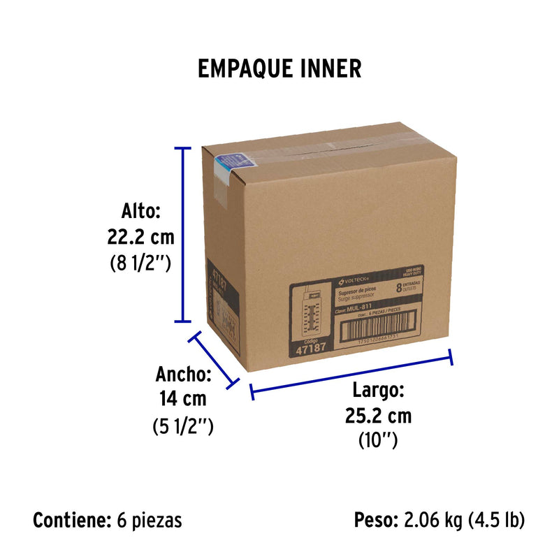 Multicontacto Barra 8 Entradas 14 AWG Supresor de Picos 110 Joules Volteck Blanco