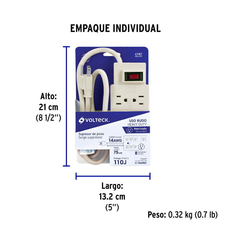 Multicontacto Barra 8 Entradas 14 AWG Supresor de Picos 110 Joules Volteck Blanco