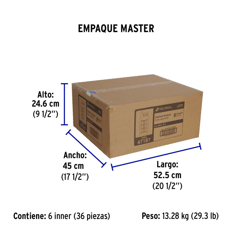 Multicontacto Barra 8 Entradas 14 AWG Supresor de Picos 110 Joules Volteck Blanco