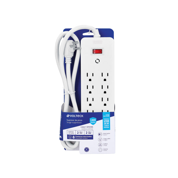 Multicontacto 8 Entradas 2 USB A + 2 USB C Supresor de Picos 1,800 Joules Volteck Blanco