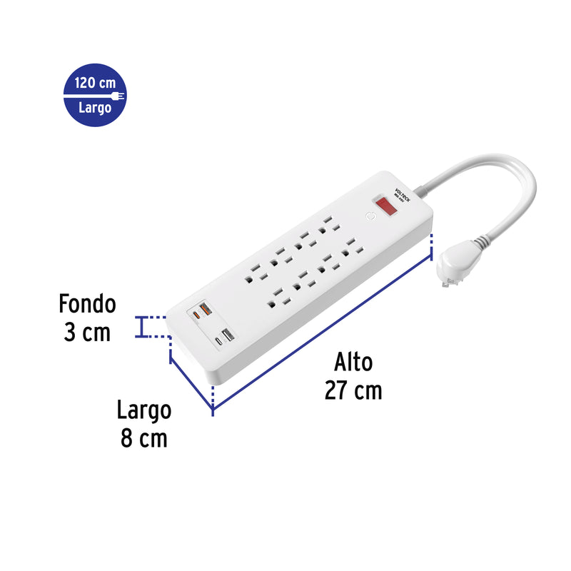 Multicontacto 8 Entradas 2 USB A + 2 USB C Supresor de Picos 1,800 Joules Volteck Blanco