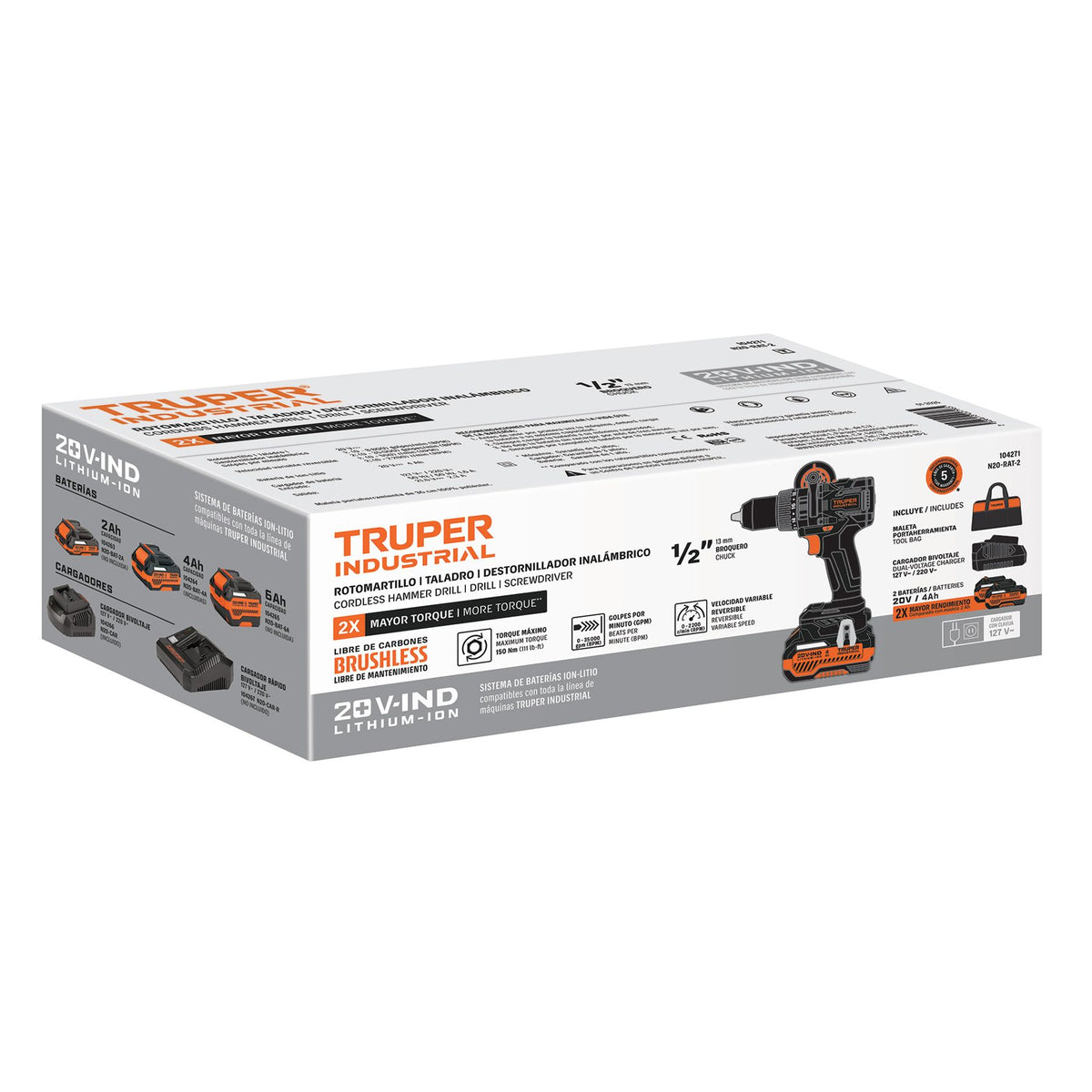 Rotomartillo Inalambrico 20 Volts 1/2"  Alto Torque 150Nm 2 Baterias 4Ah TRUPER INDUSTRIAL (Copia)