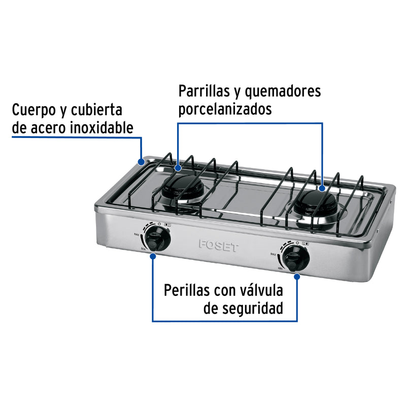 Estufa de Gas 2 quemadores de Acero Inoxidable