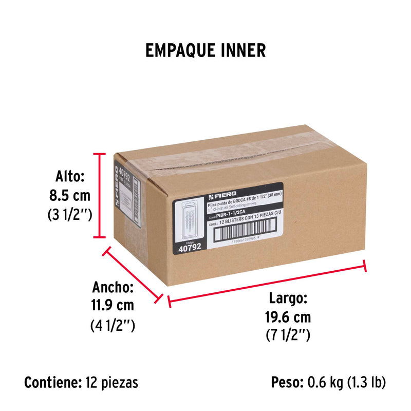 Pija Punta de Broca No 8 x 1"1/2 (38 mm) Fiero Blister 13 Piezas