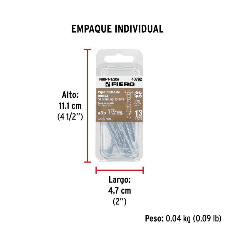 Pija Punta de Broca No 8 x 1"1/2 (38 mm) Fiero Blister 13 Piezas
