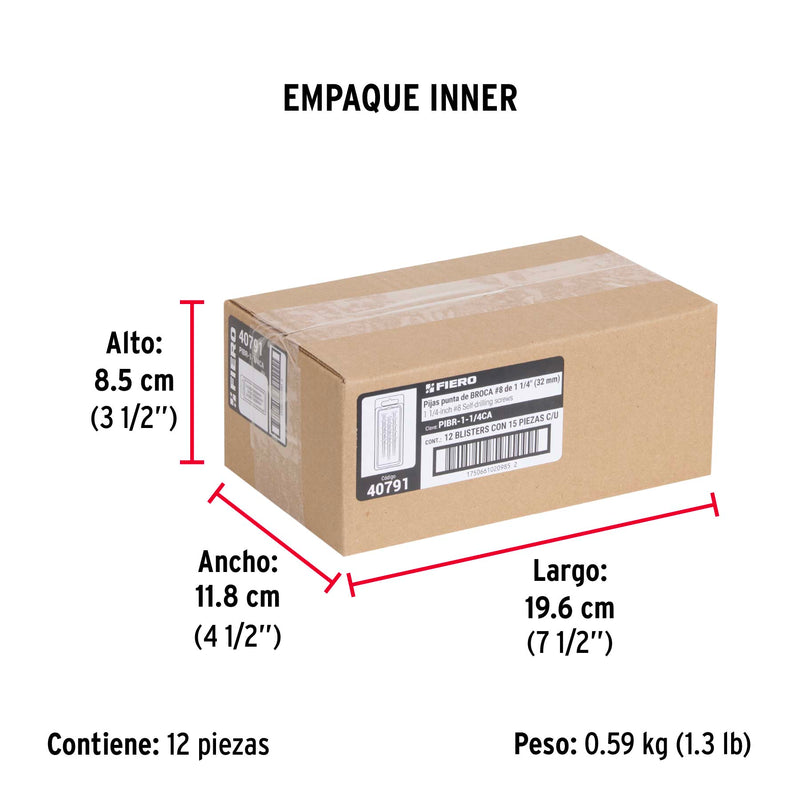Pija Punta de Broca No 8 x 1"1/4 (32 mm) Fiero Blister 15 Piezas