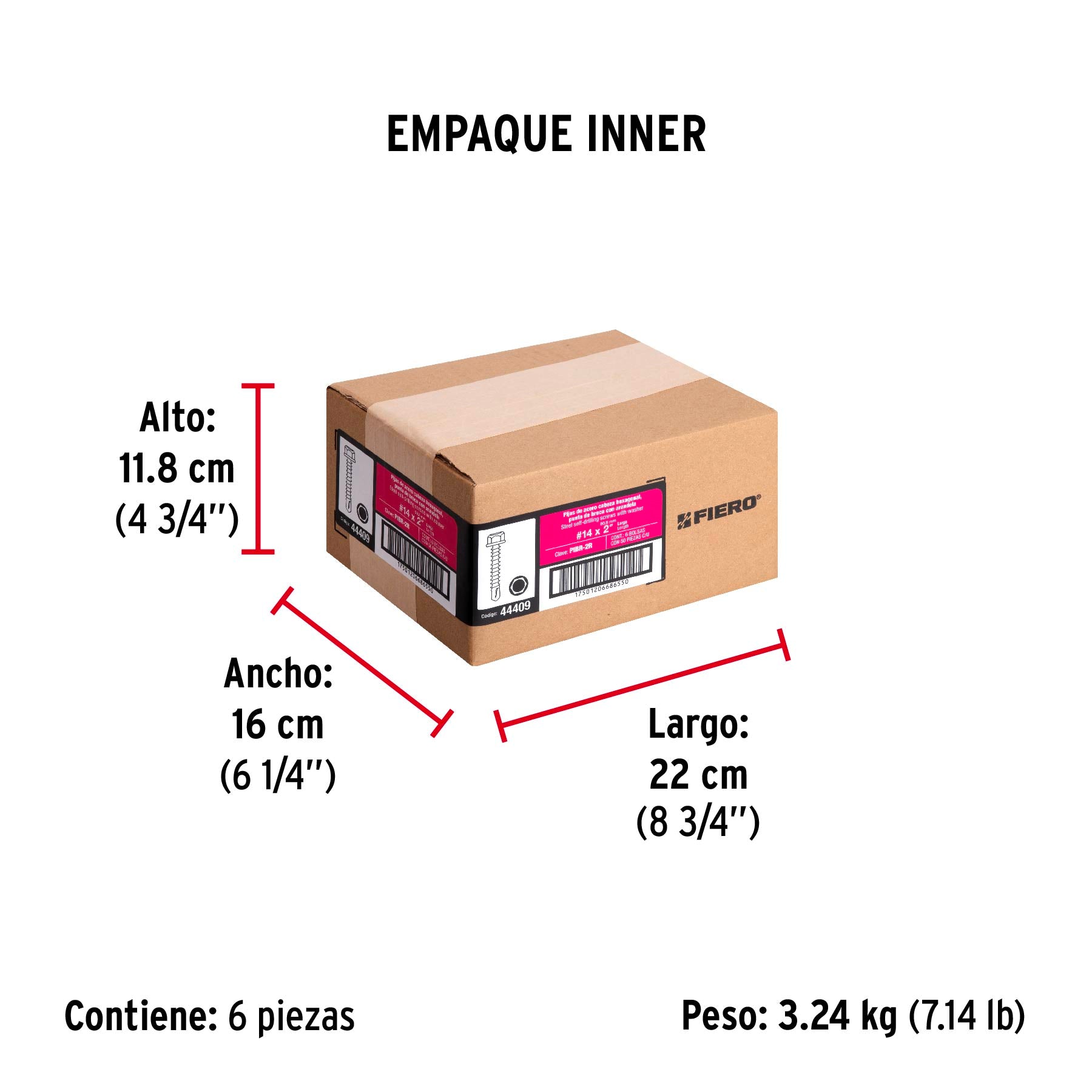 Pija Punta de Broca Hexagonal con Rondana No 14 x 2" (50 mm) Fiero Bolsa 50 Piezas