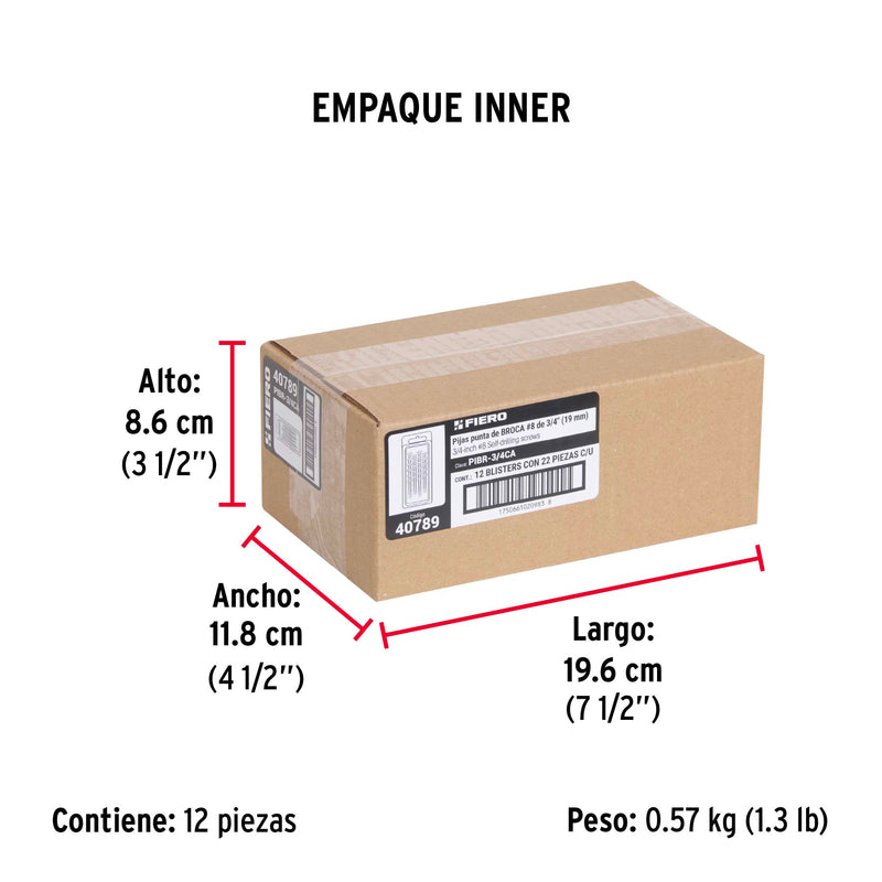 Pija Punta de Broca No 8 x  3/4" (19 mm) Fiero Blister 22 Piezas