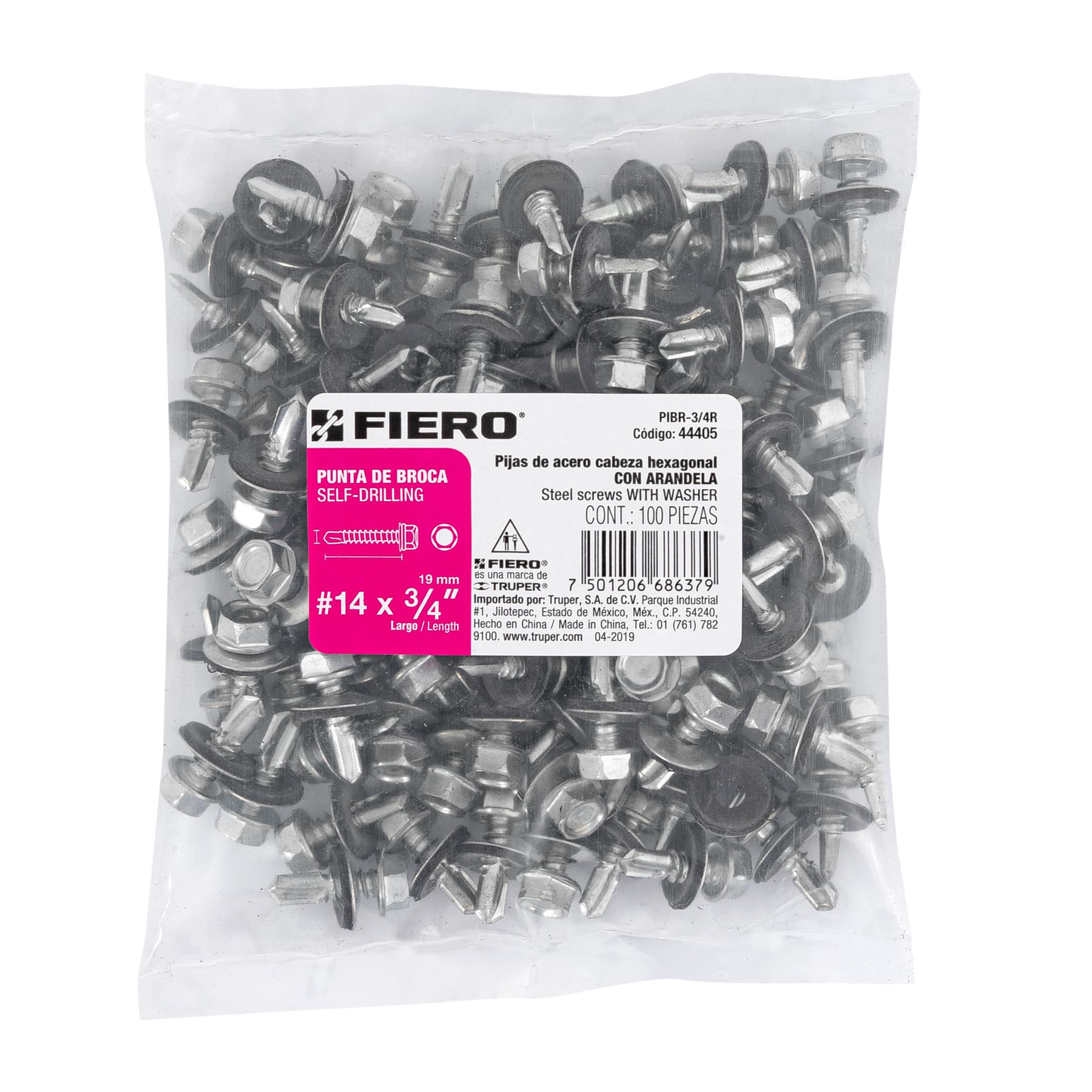 Pija Punta de Broca Hexagonal con Rondana No 14 x  3/4" (19 mm) Fiero Bolsa 100 Piezas