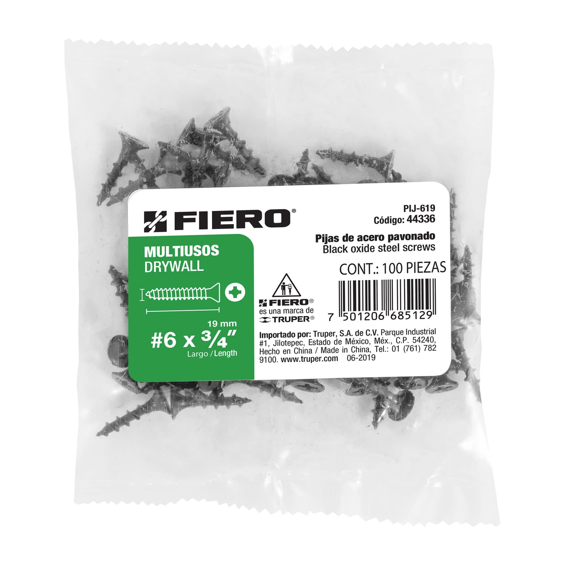 Pija Tablaroca No  6 x  3/4" Fiero Bolsa con 100 Piezas