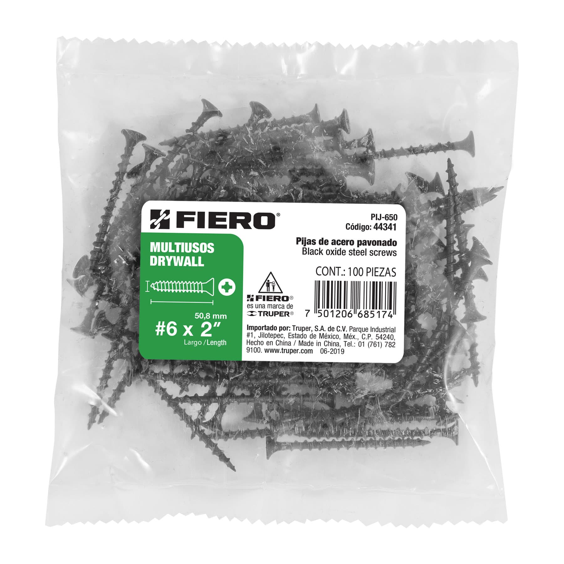 Pija Tablaroca No  6 x 2" Fiero Bolsa con 100 Piezas