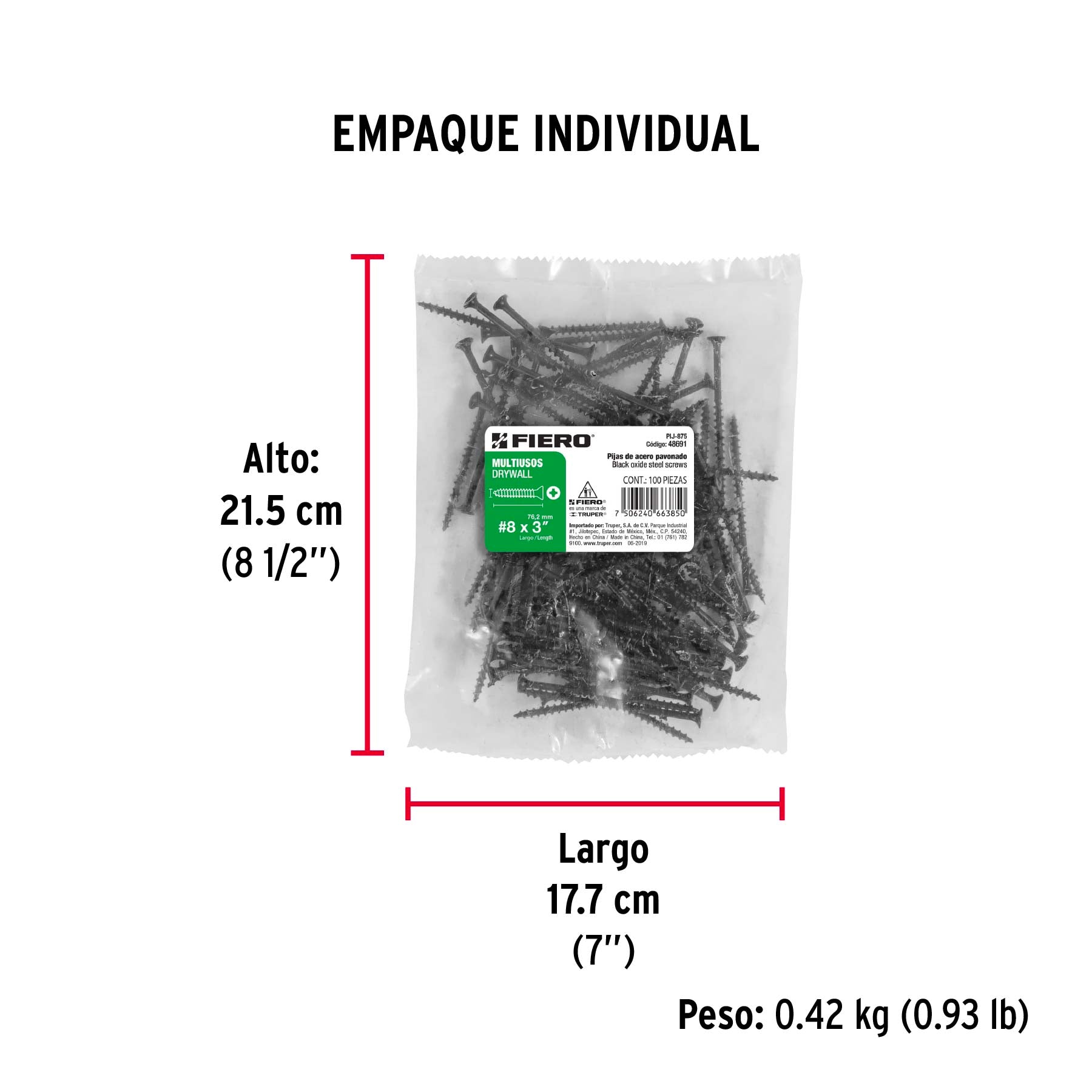 Pija Tablaroca No  8 x 3" Fiero Bolsa con 100 Piezas