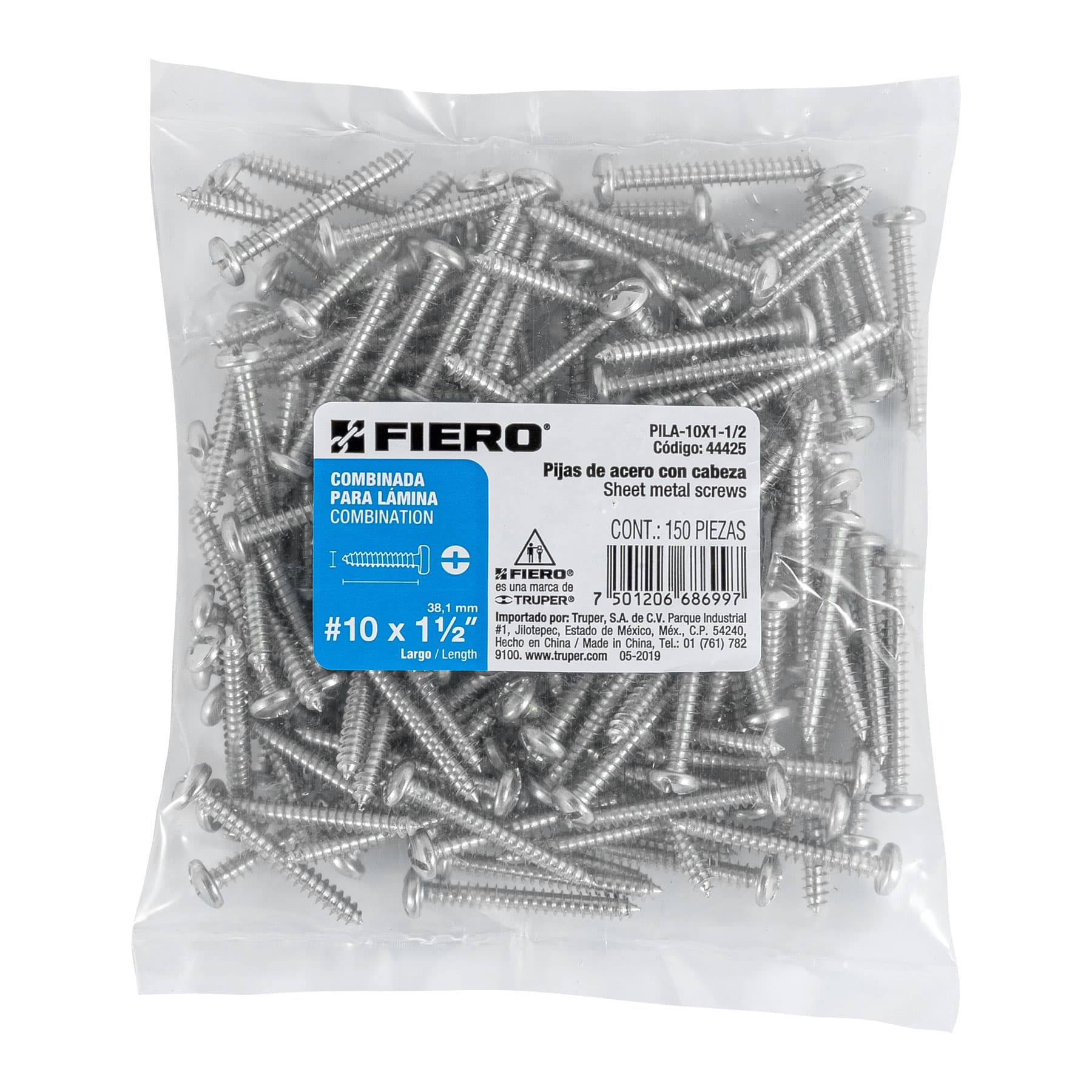 Pija para Lamina No 10 x 1"1/2 (38 mm) Fiero Bolsa con 150 Piezas