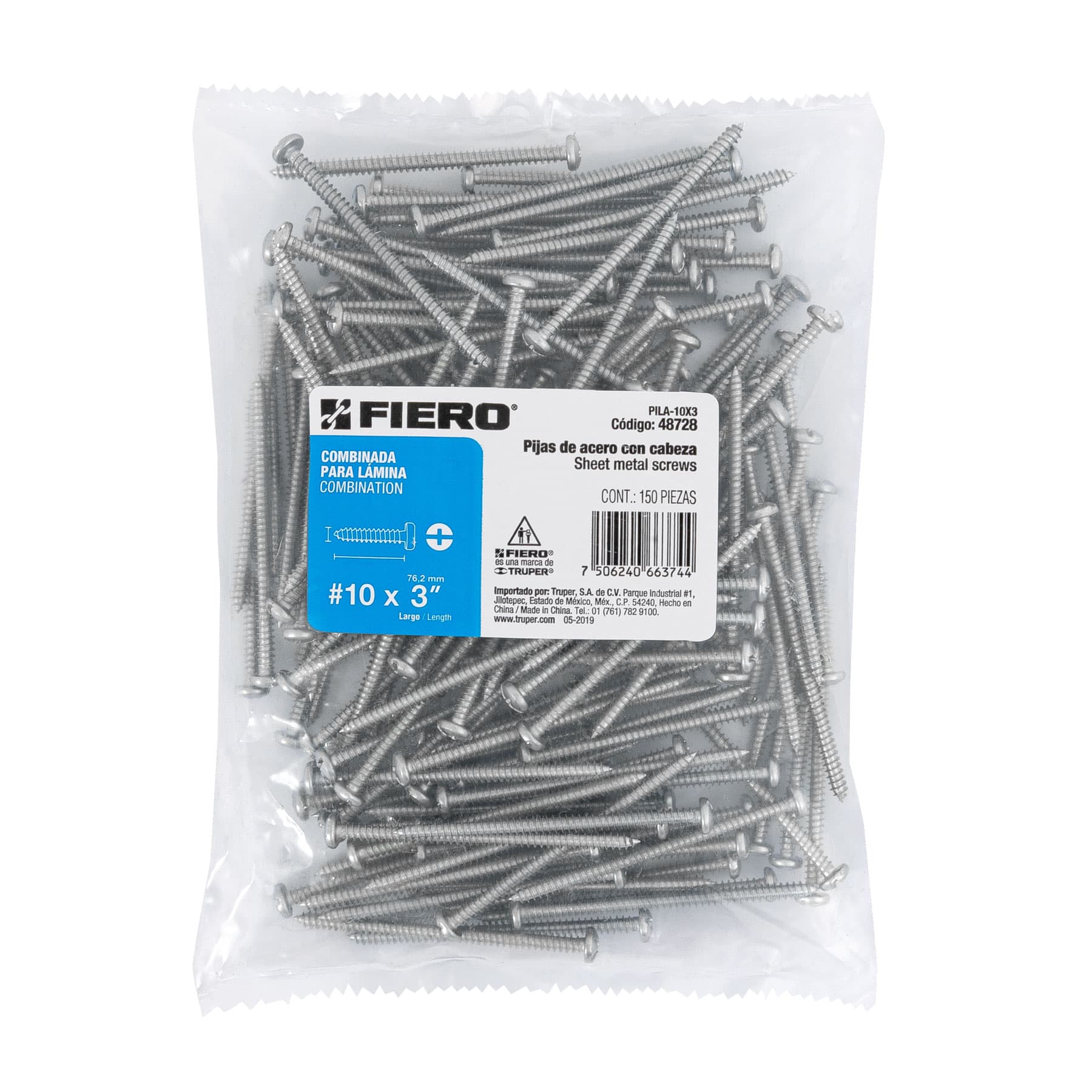 Pija para Lamina No 10 x 3" (75 mm) Fiero Bolsa con 150 Piezas