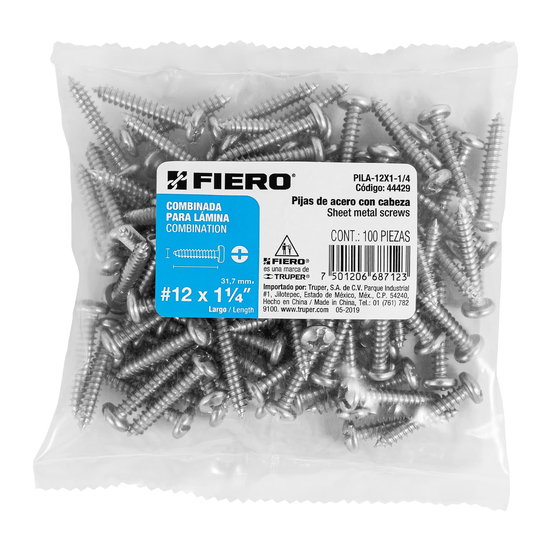 Pija para Lamina No 12 x 1"1/4 (32 mm) Fiero Bols con 100 Piezas