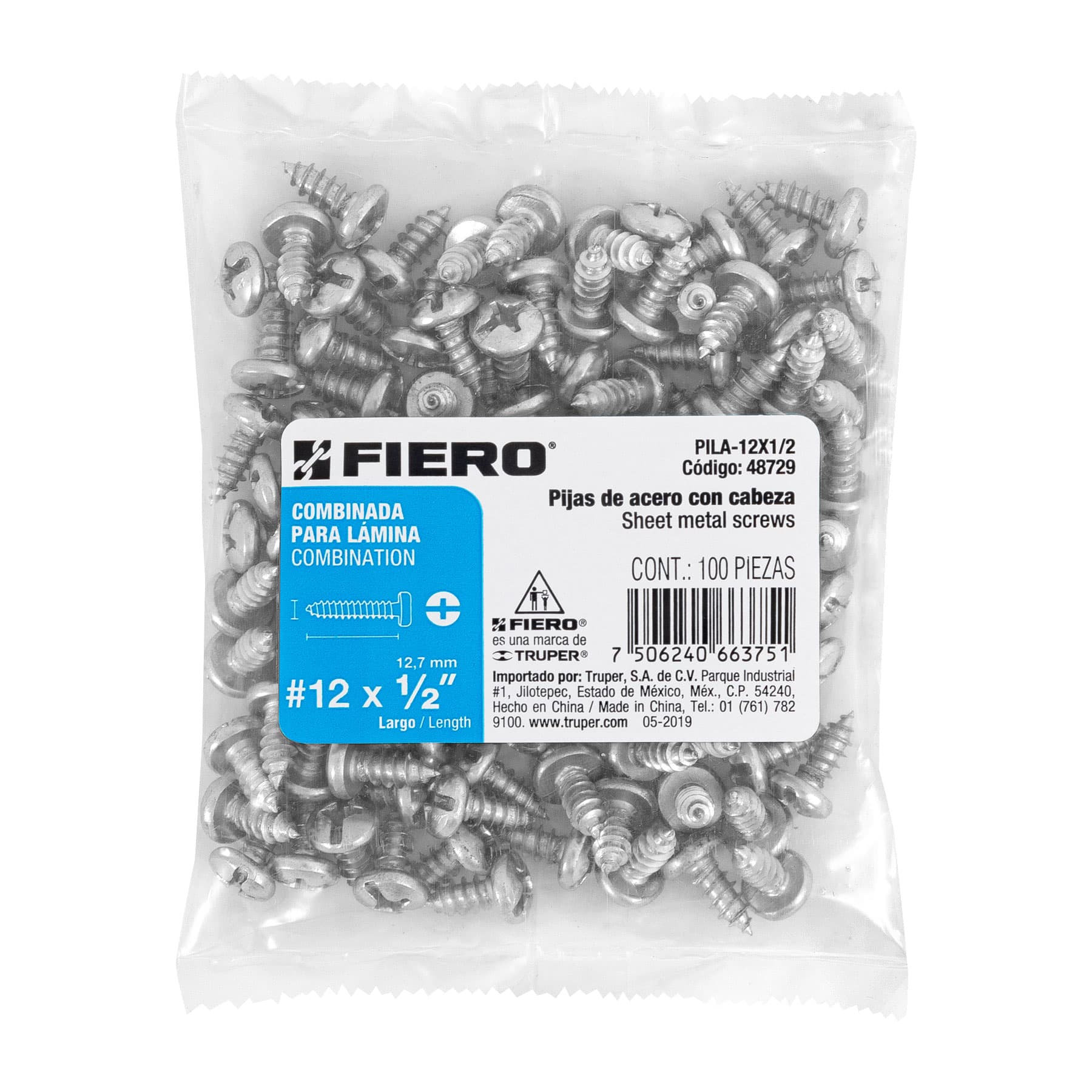 Pija para Lamina No 12 x  1/2" (13 mm) Fiero Bolsa con 100 Piezas