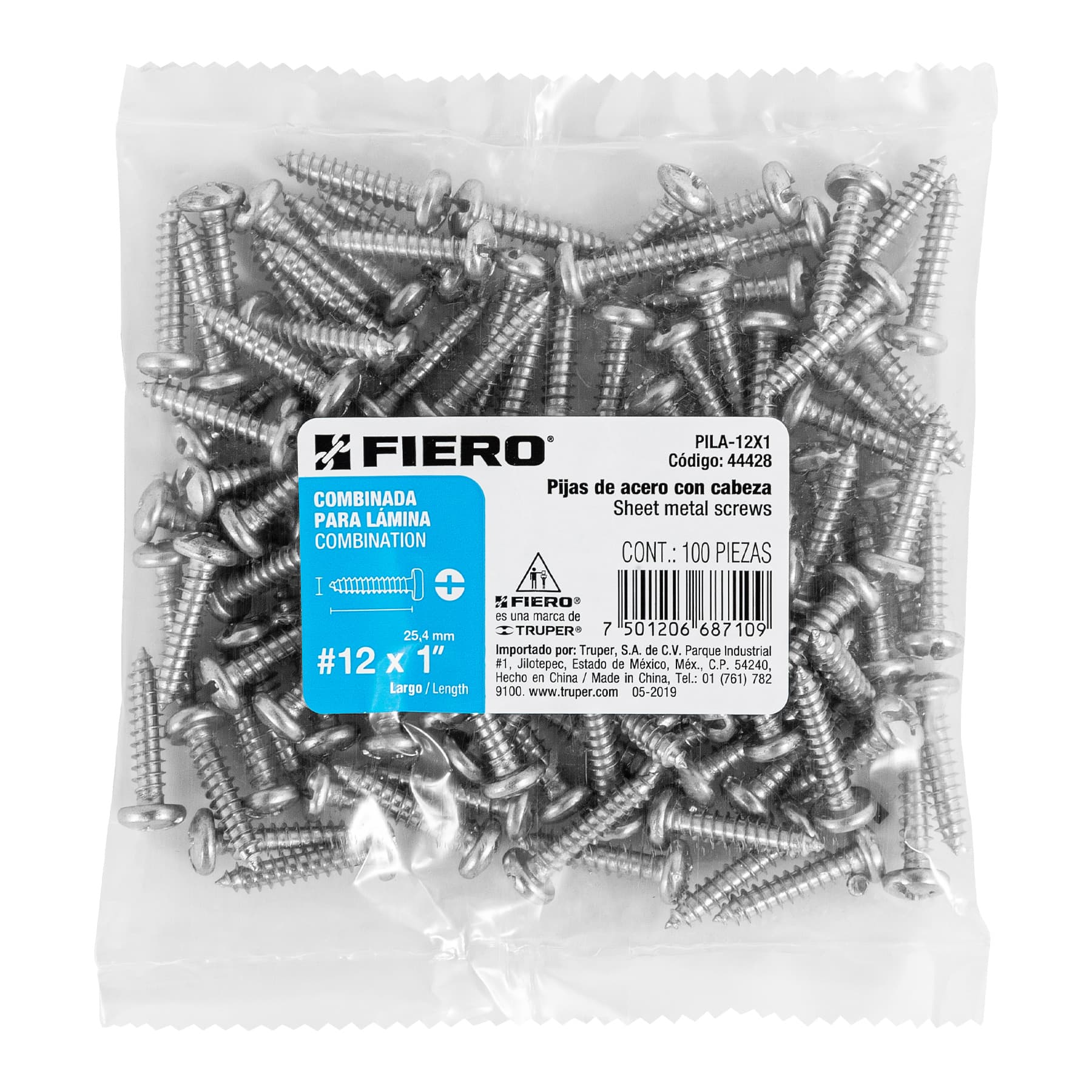 Pija para Lamina No 12 x 1" (25 mm) Fiero Bolsa 100 Piezas