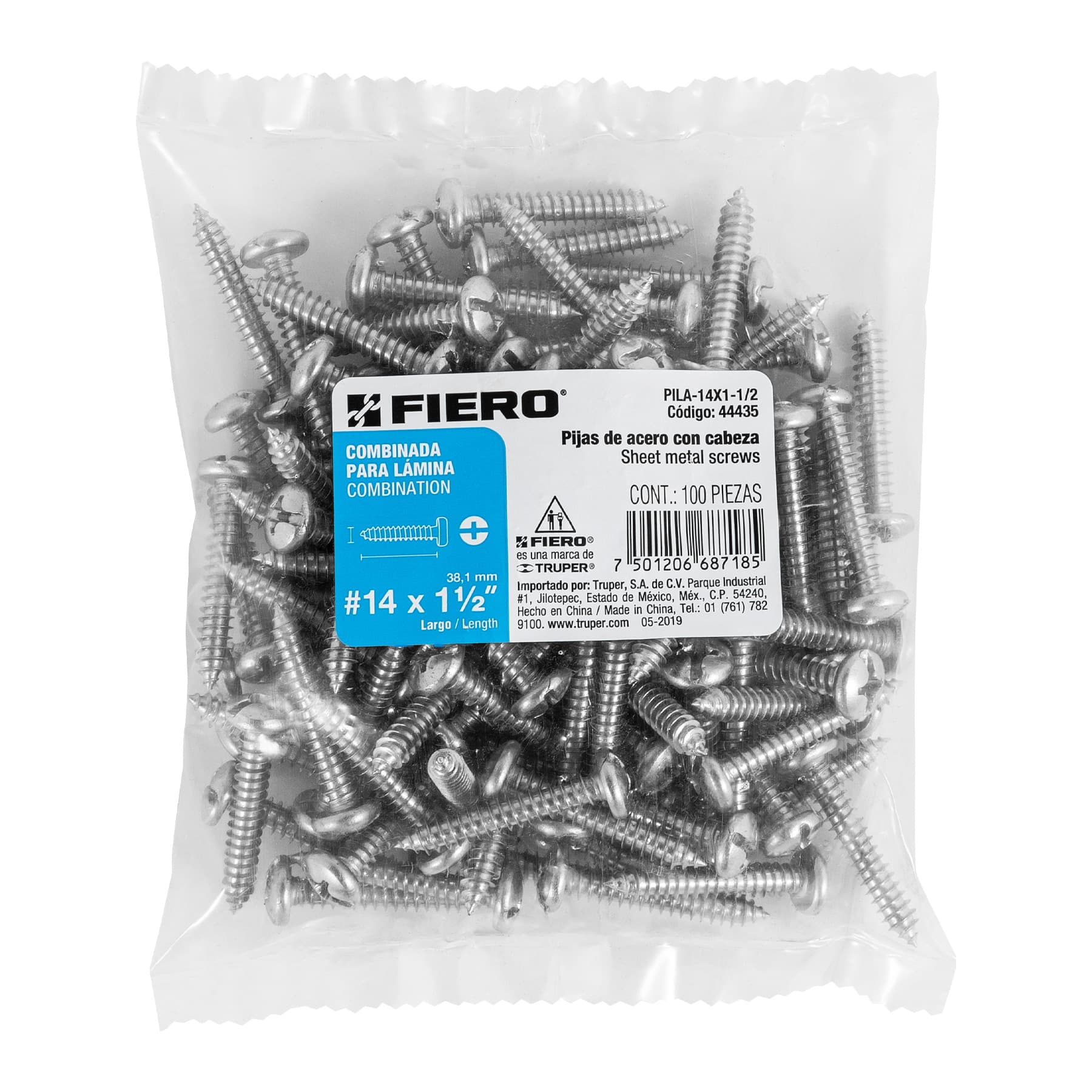 Pija para Lamina No 14 x 1"1/2 (38 mm) Fiero Bolsa con 100 Piezas