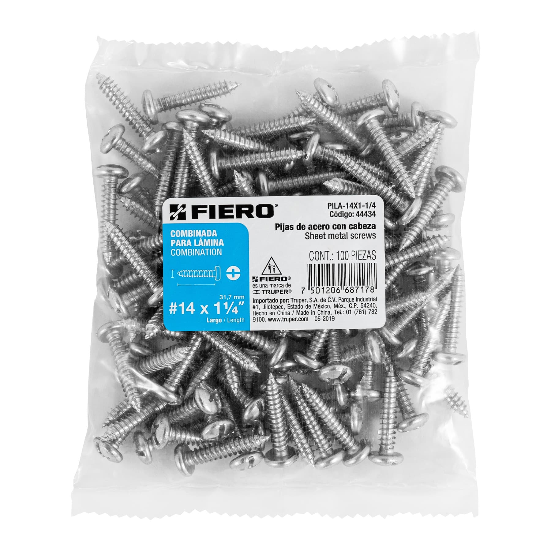 Pija para Lamina No 14 x 1"1/4 (32 mm) Fiero Bolsa con 100 Piezas