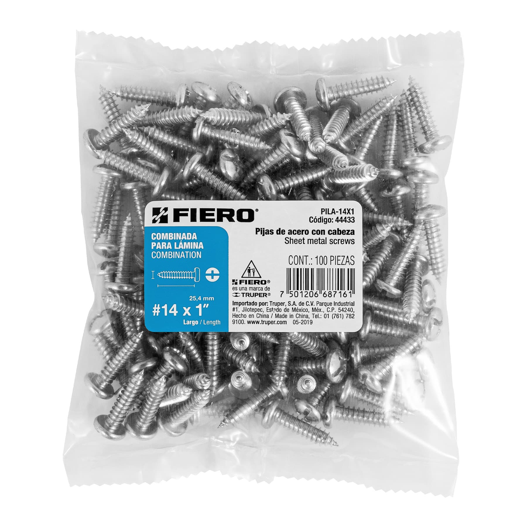 Pija para Lamina No 14 x 1" (25 mm) Fiero Bolsa con 100 piezas