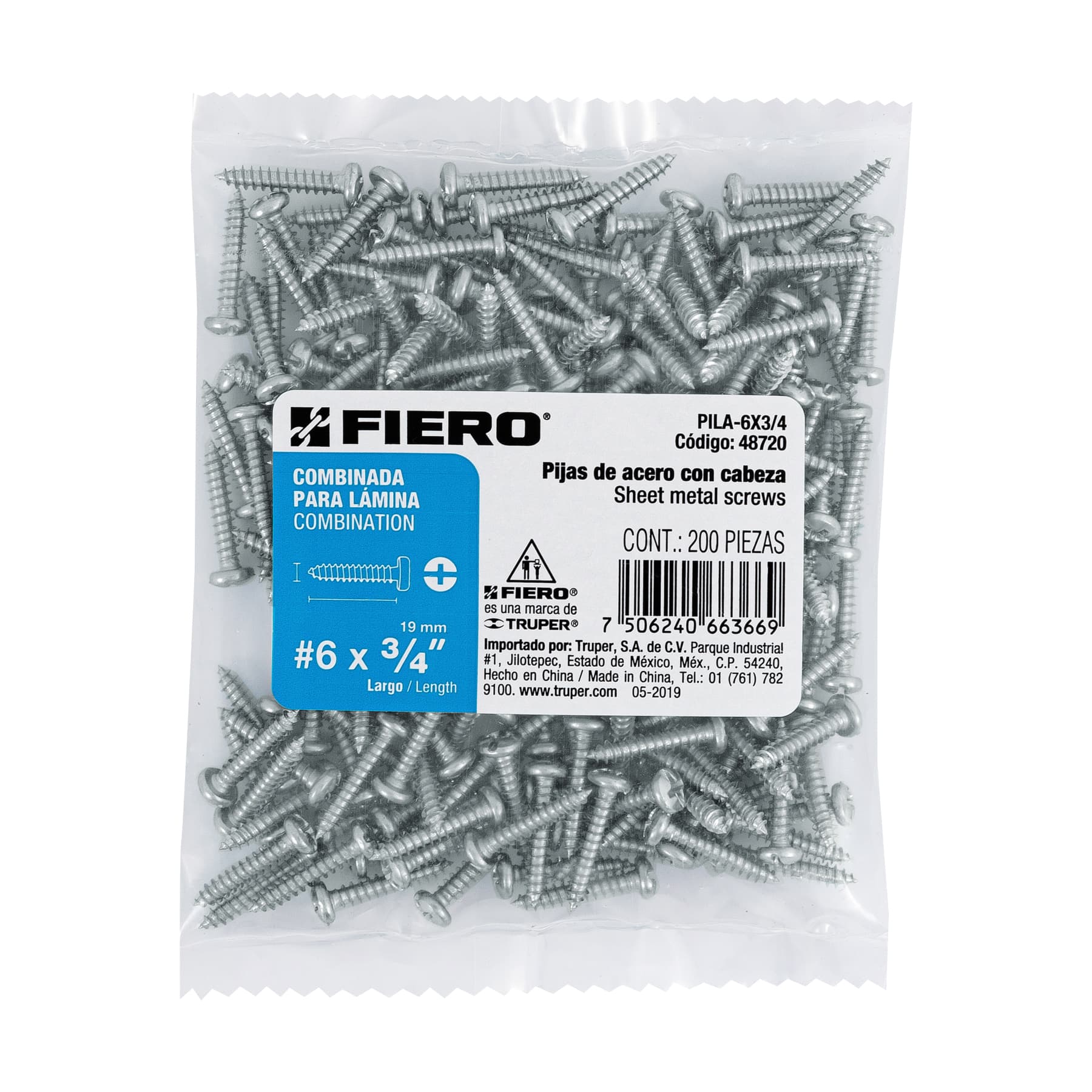 Pija para Lamina No  6 x  3/4" (19 mm) Fiero Bolsa con 200 Piezas