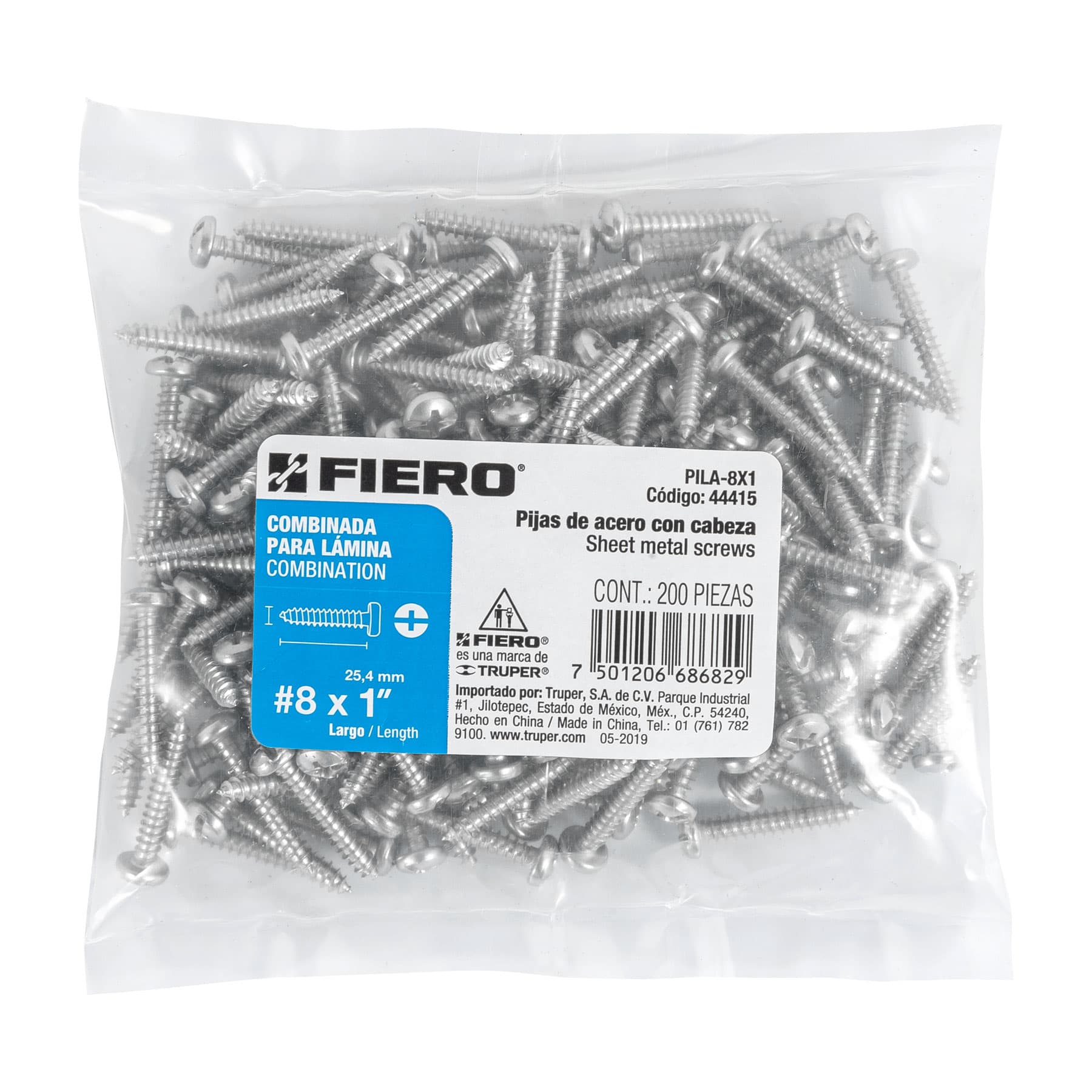 Pija para Lamina No  8 x 1" (25 mm) Fiero Bolsa con 200 Piezas