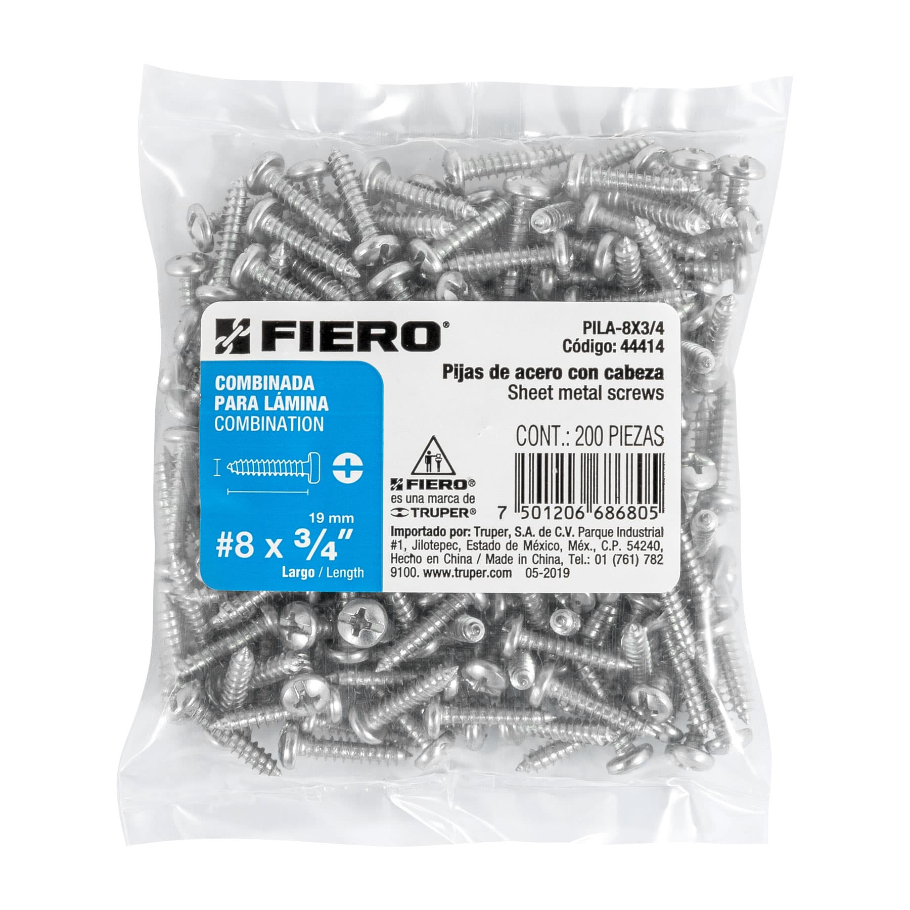 Pija para Lamina No  8 x  3/4" (19 mm) Fiero Bolsa con 200 Piezas