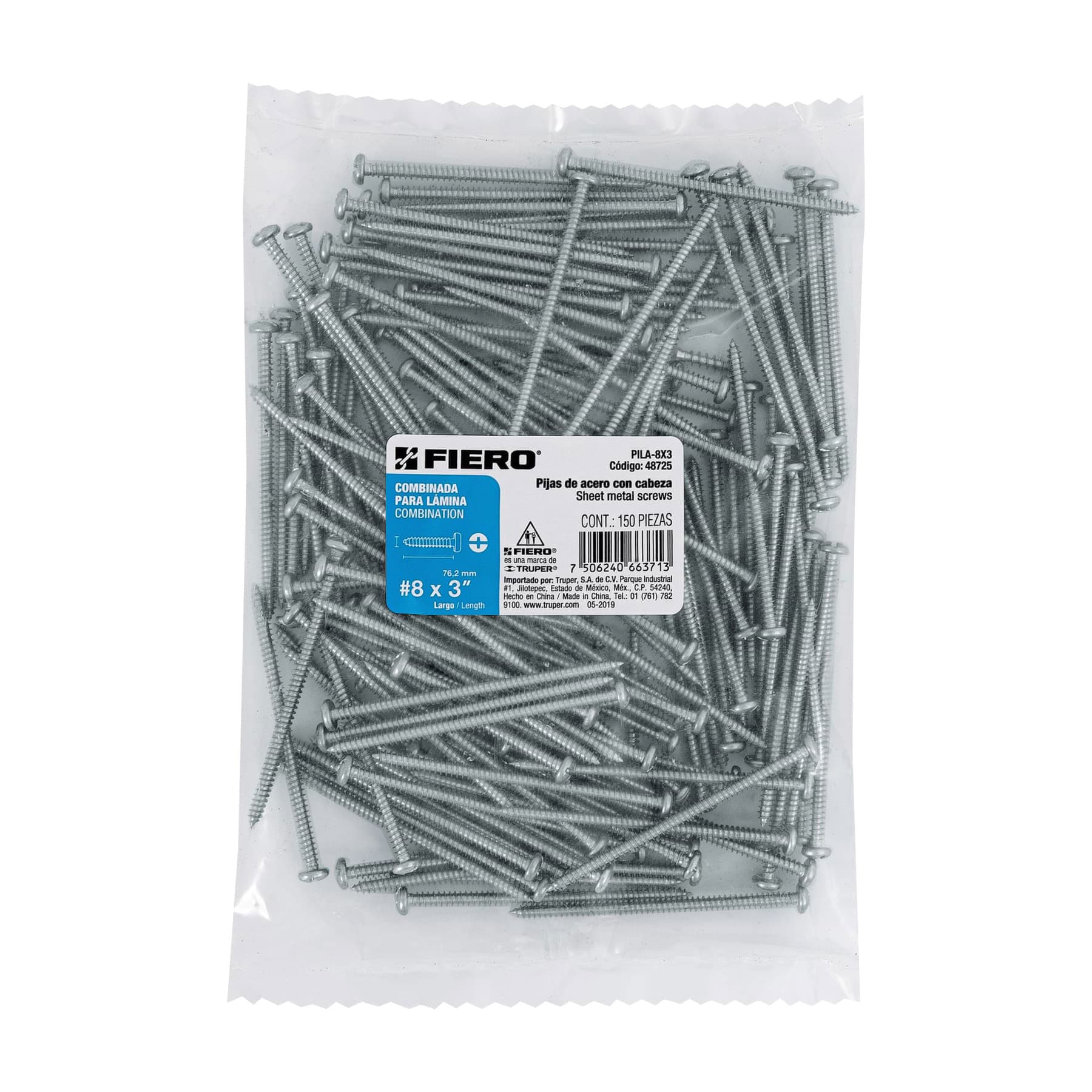 Pija para Lamina No  8 x 3" (75 mm) Fiero Bolsa con 150 Piezas