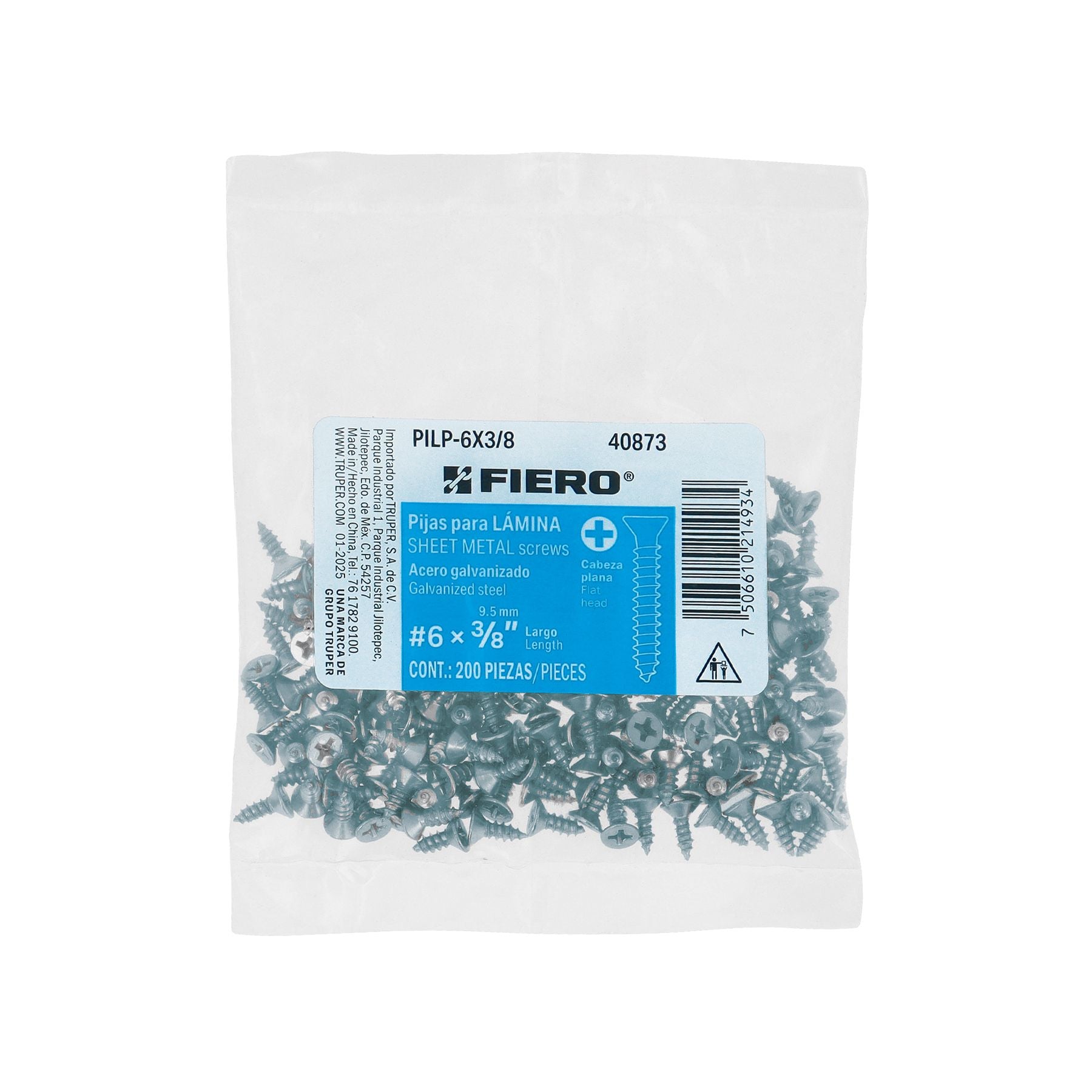 Pija Cabeza Plana No  6 x  3/8" Fiero Bolsa 200 Piezas