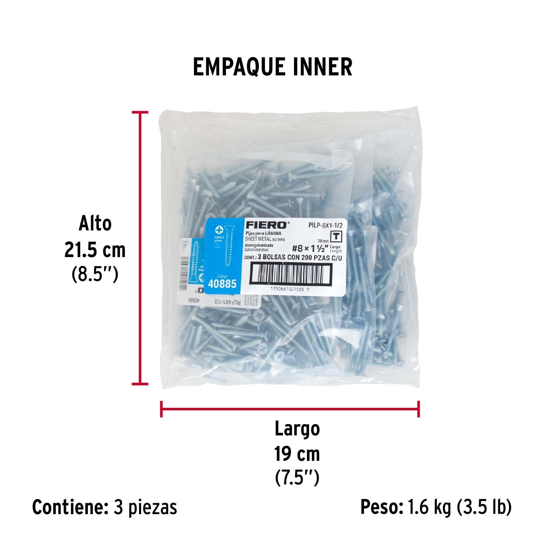 Pija Cabeza Plana No  8 x  1"1/2 Fiero Bolsa 200 Piezas