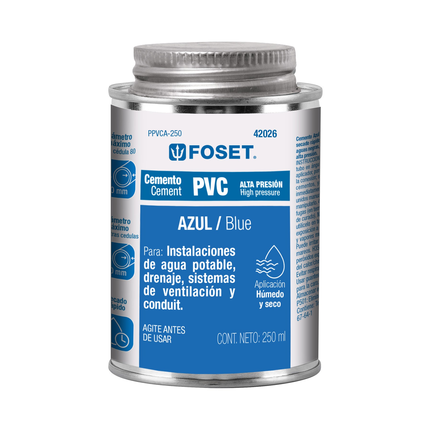 Pegamento PVC Alta Presión Azul FOSET Lata 250 ML