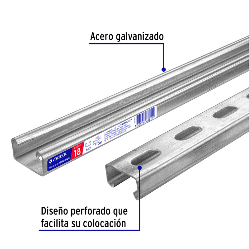 Barra Unicanal 4 X 2 cms de 3 Metros Calibre 18 Perforado Volteck