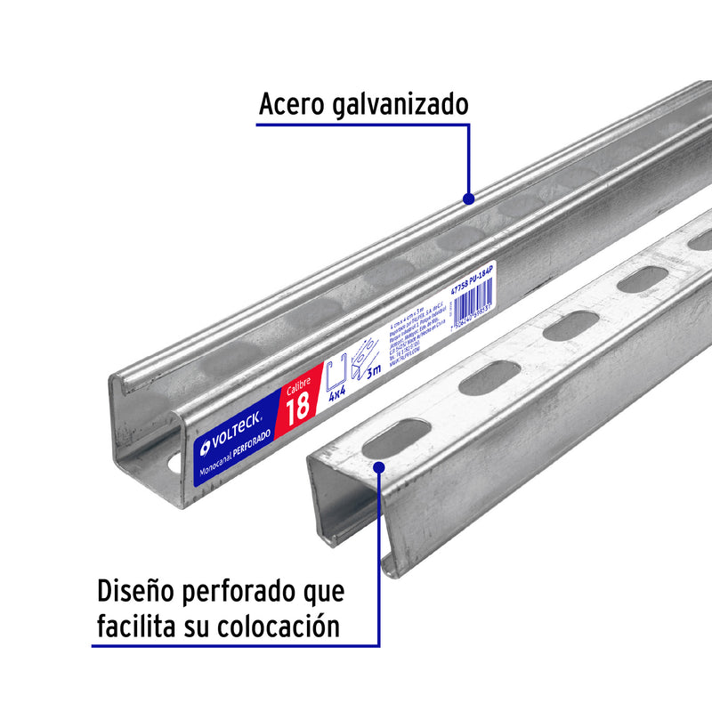 Barra Unicanal 4 X 4 cms de 3 Metros Calibre 18 Perforado Volteck