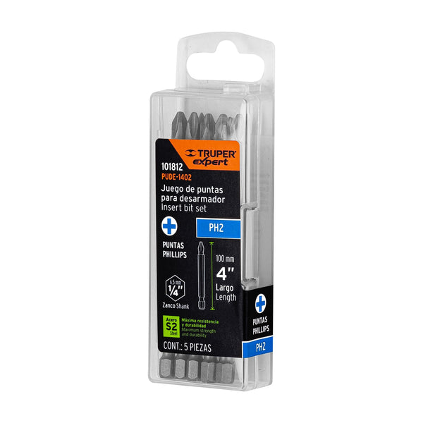 Puntas de Cruz PH2 X 4" Truper Estuche 5 Piezas