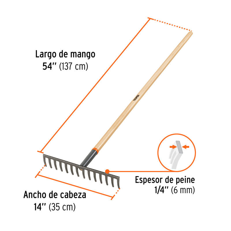 Rastrillo Recto 14 Dientes Mango 54" Truper