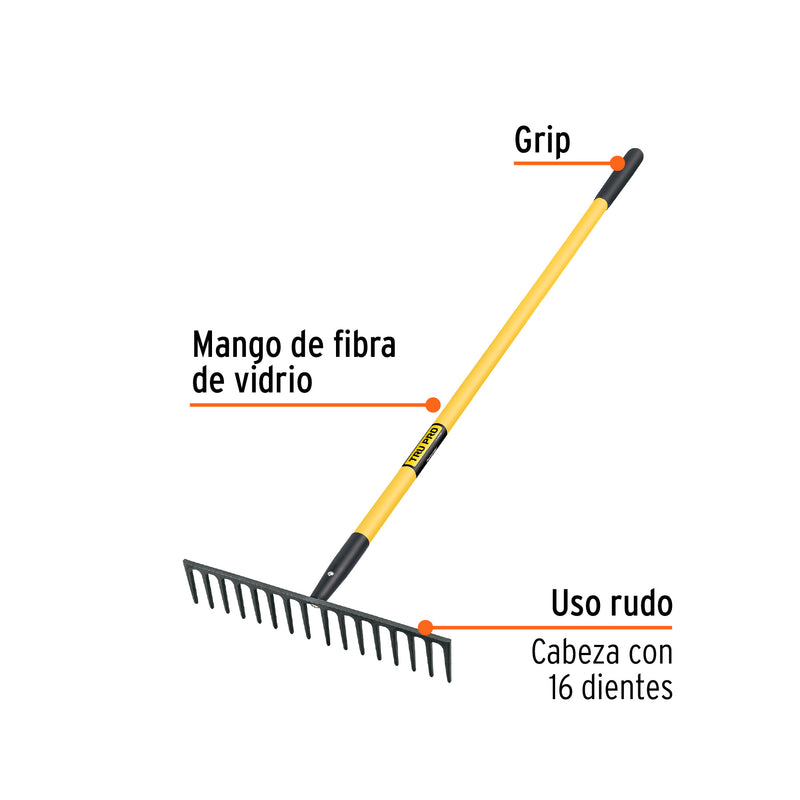 Rastrillo Recto 16 Dientes Mango Fibra de Vidrio 60" Truper