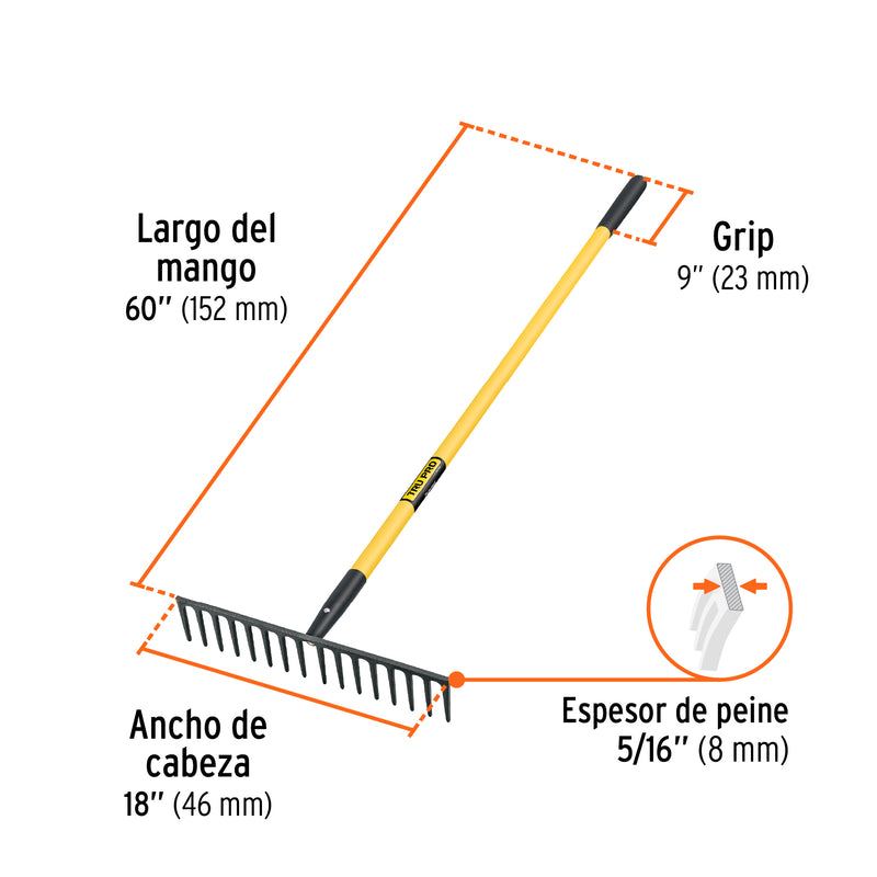 Rastrillo Recto 16 Dientes Mango Fibra de Vidrio 60" Truper