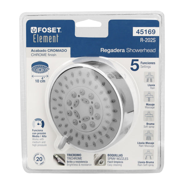 Regadera Cromo 4" con 5 Funciones sin Brazo Foset Element