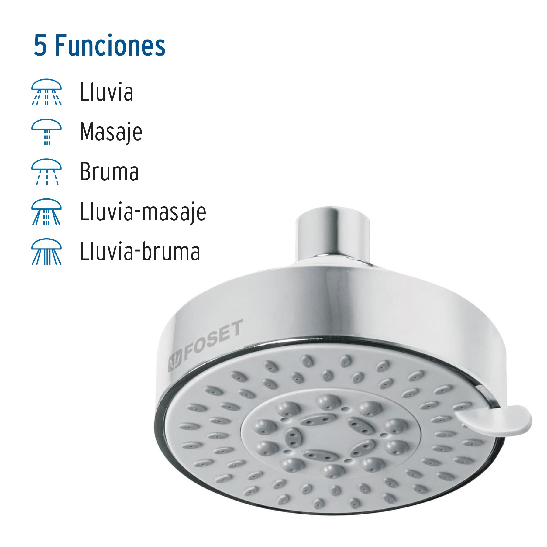 Regadera Cromo 4" con 5 Funciones sin Brazo Foset Element