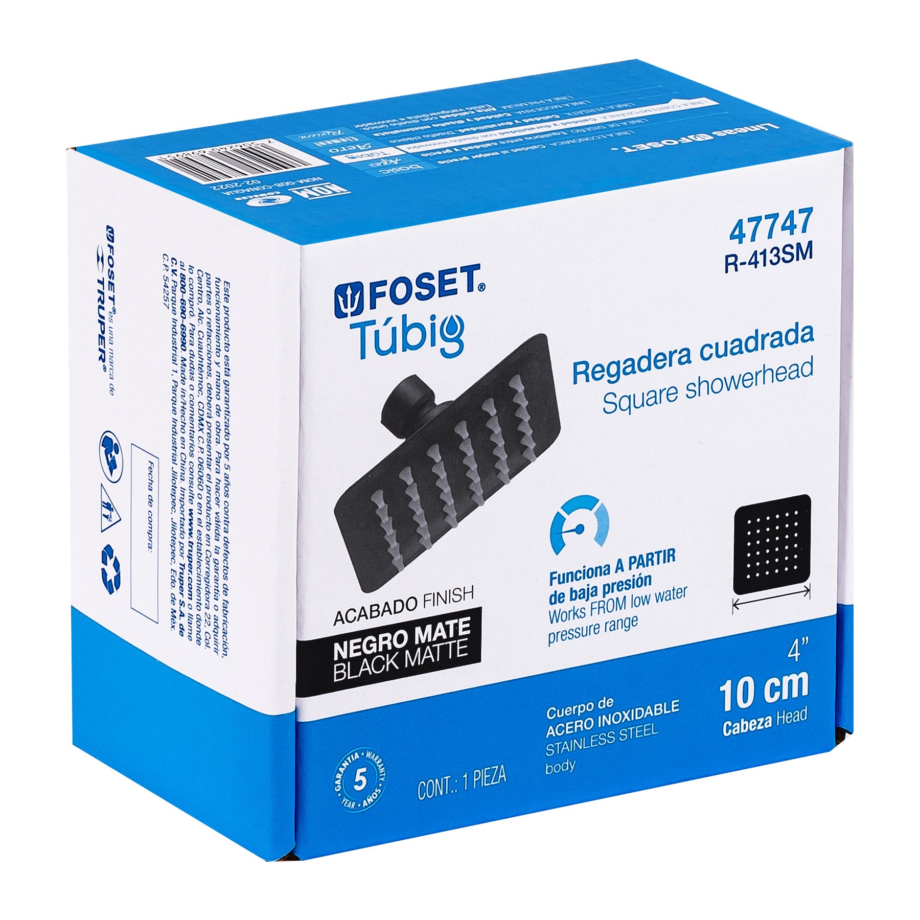 Regadera Cuadrada  4" Acero Inoxidable FOSET TUBIG Acabado Negro