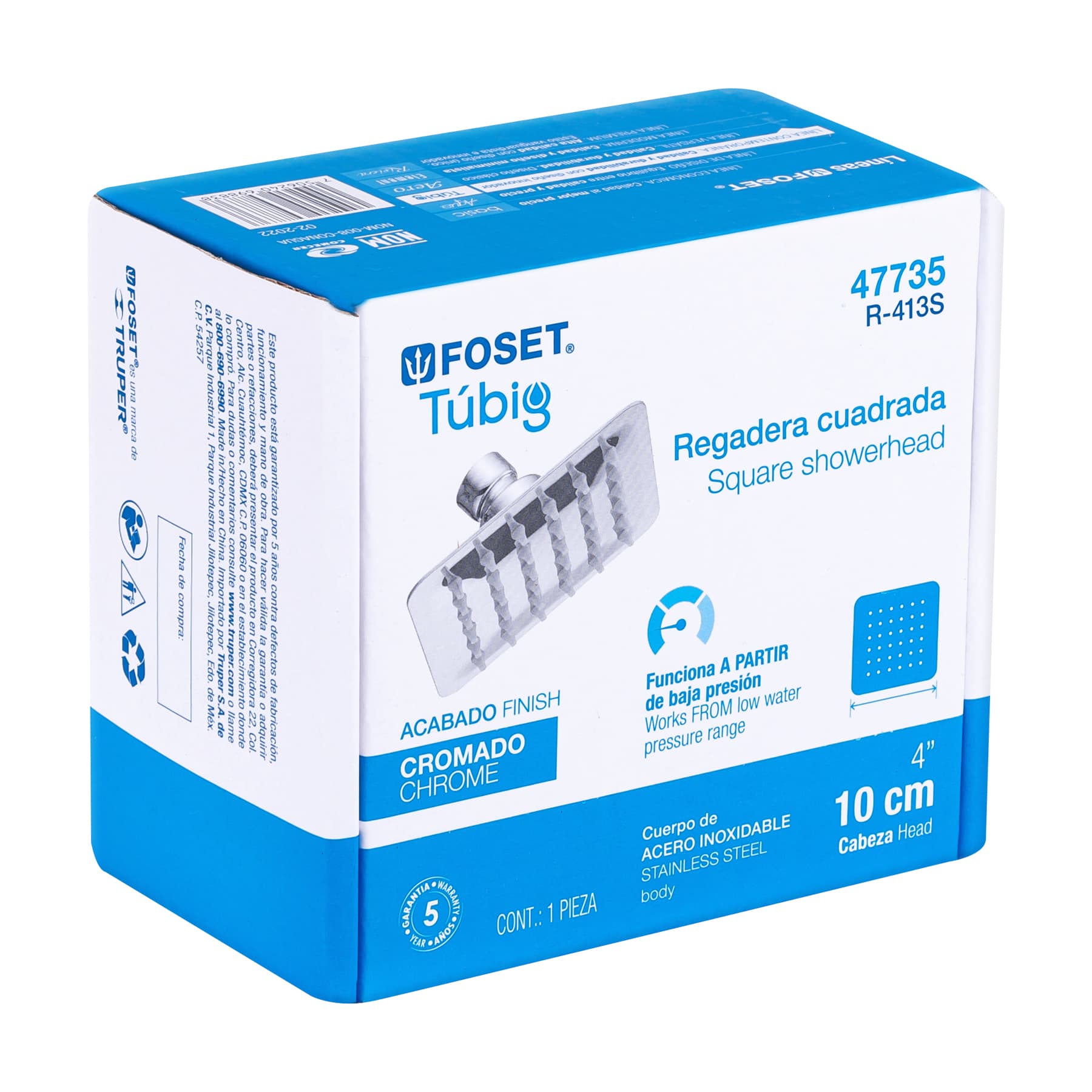 Regadera Cuadrada  4" Acero Inoxidable FOSET TUBIG Acabado Cromo