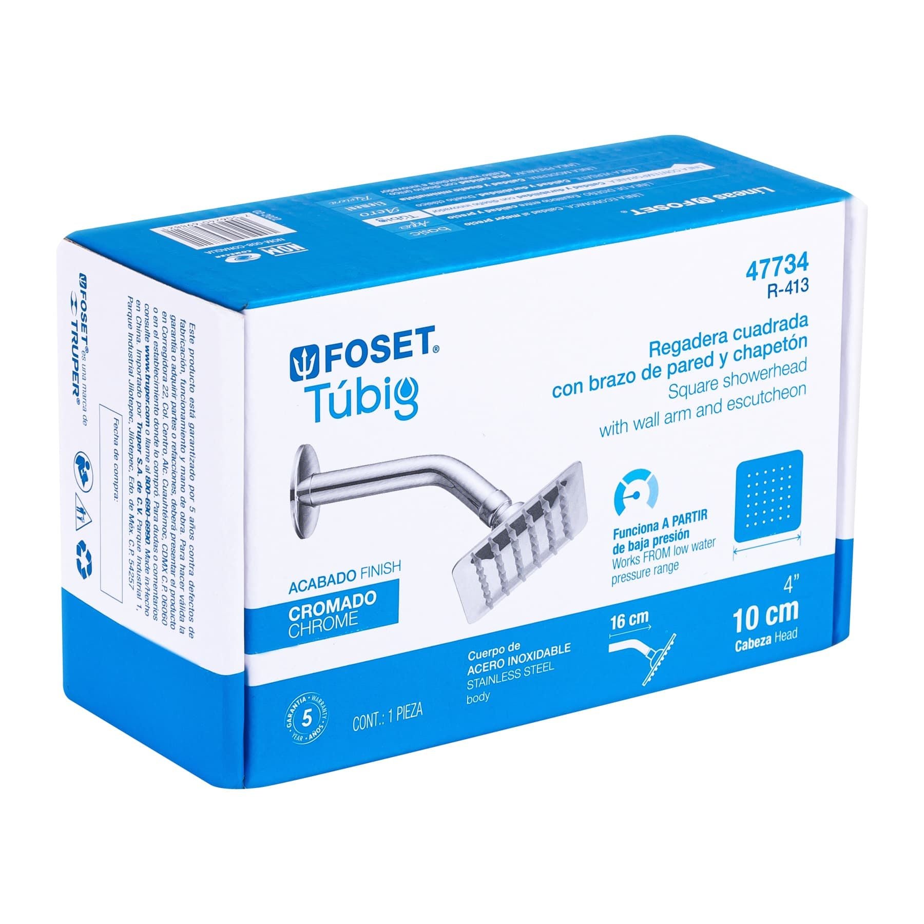 Regadera Cuadrada  4" con Brazo Acero Inoxidable FOSET TUBIG Acabado Cromo