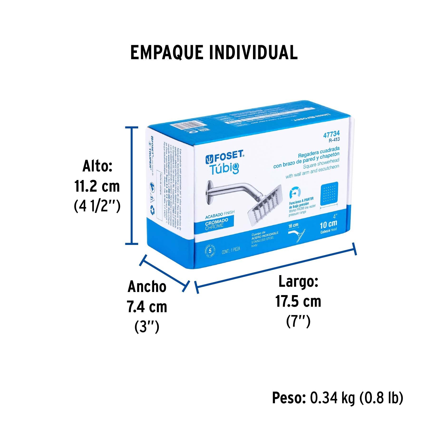 Regadera Cuadrada  4" con Brazo Acero Inoxidable FOSET TUBIG Acabado Cromo